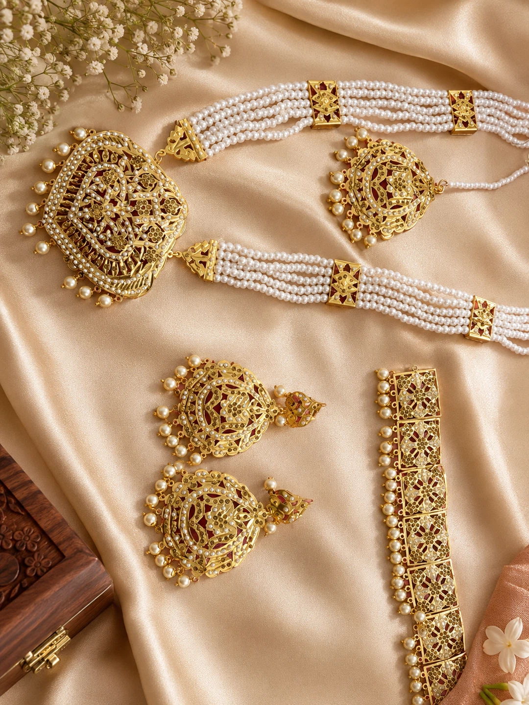 Gold Tone Pearl and Red Stone Jewellery Set
