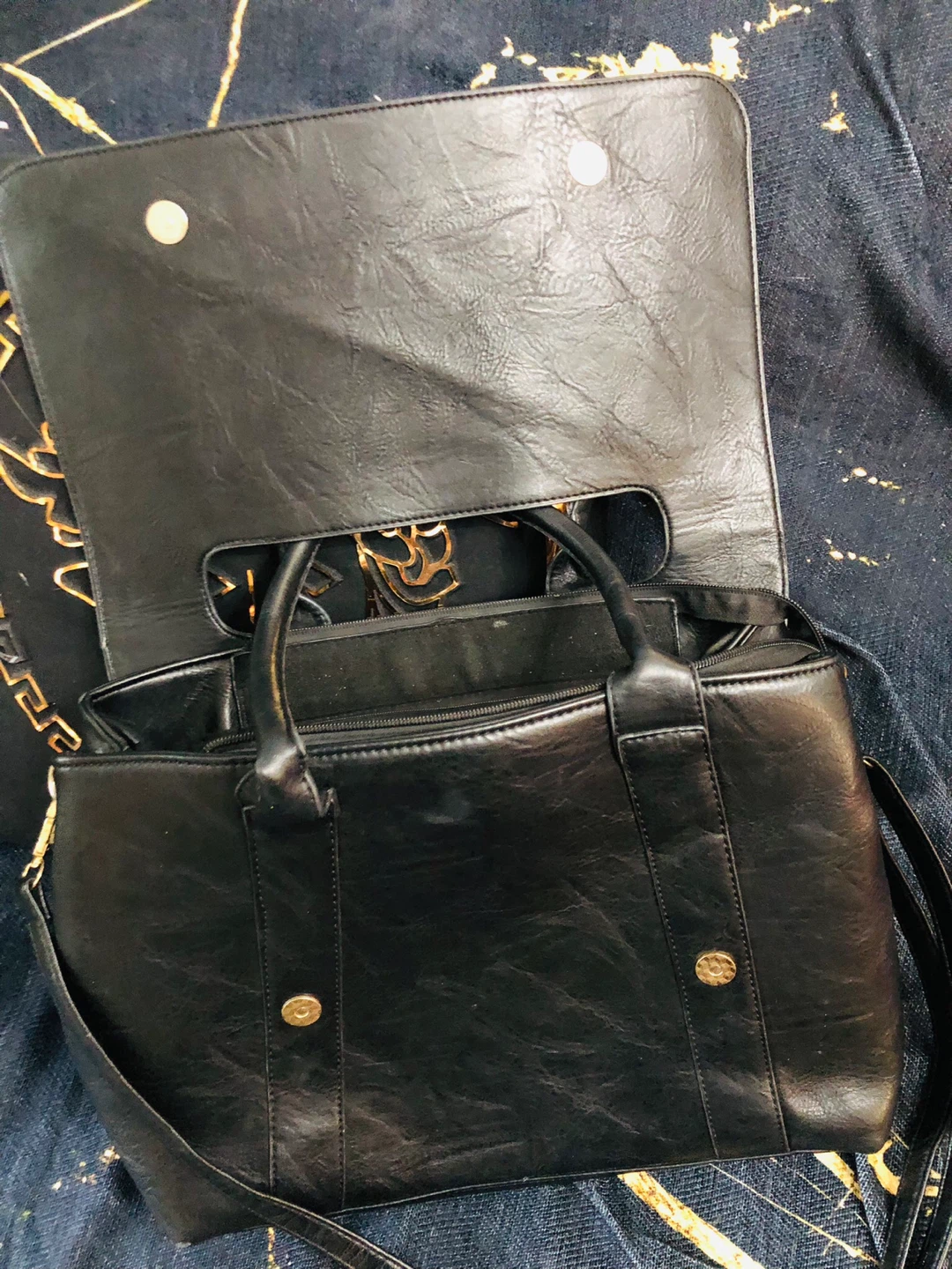 Black  Italian Leather Tote Bag with Shoulder Strap - photo 2