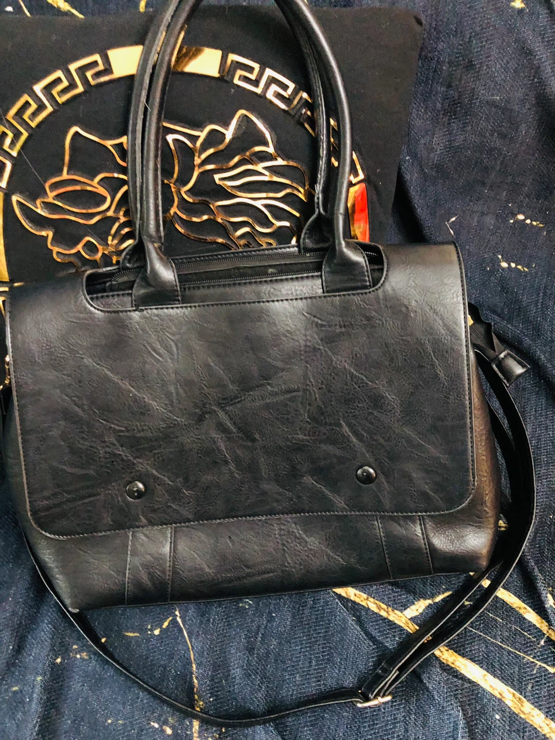 Black  Italian Leather Tote Bag with Shoulder Strap - photo 5