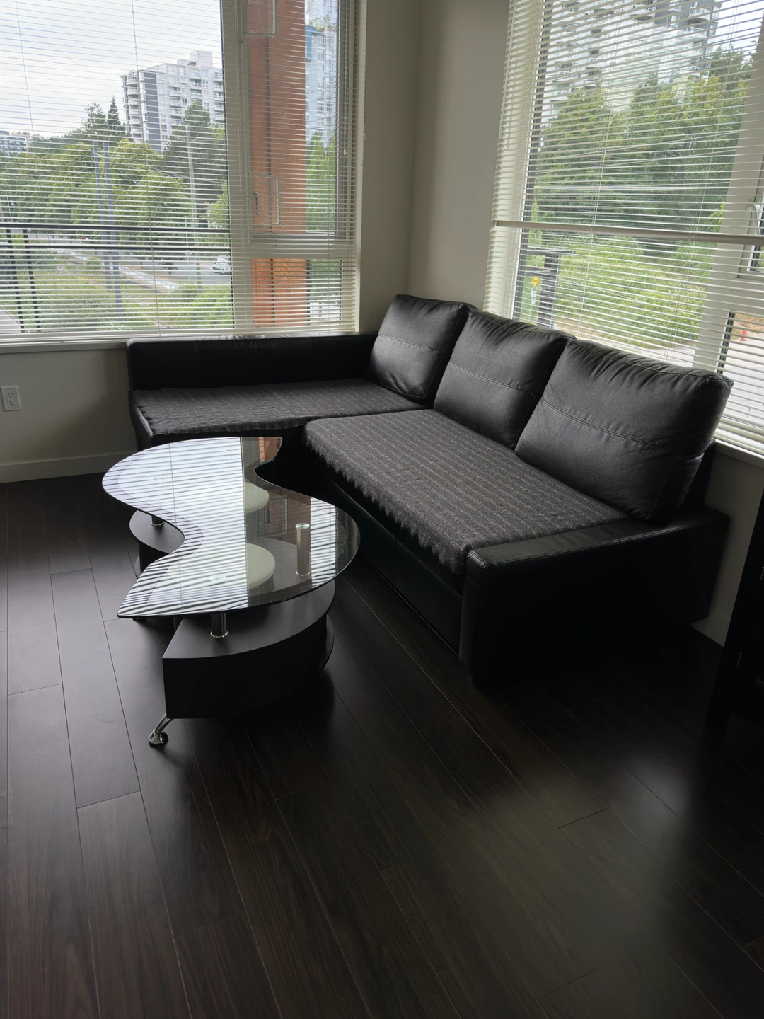 Black sectional couch bed and coffee table