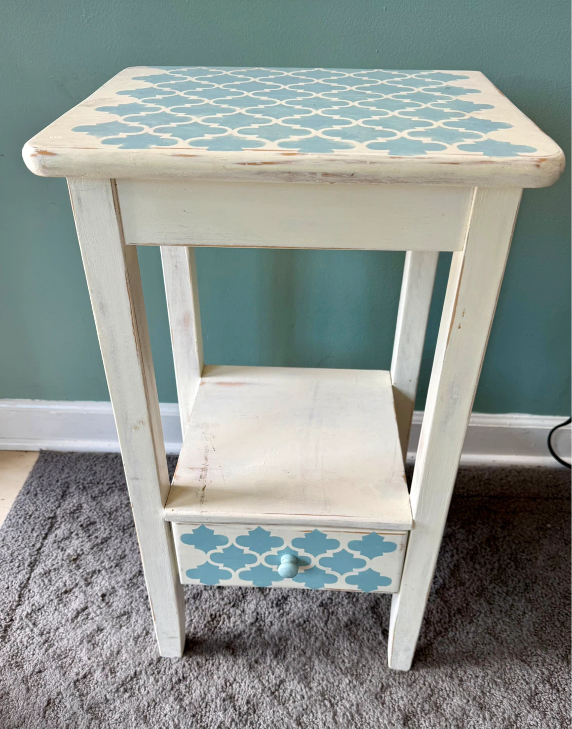 White & Blue Accent Table with Drawer