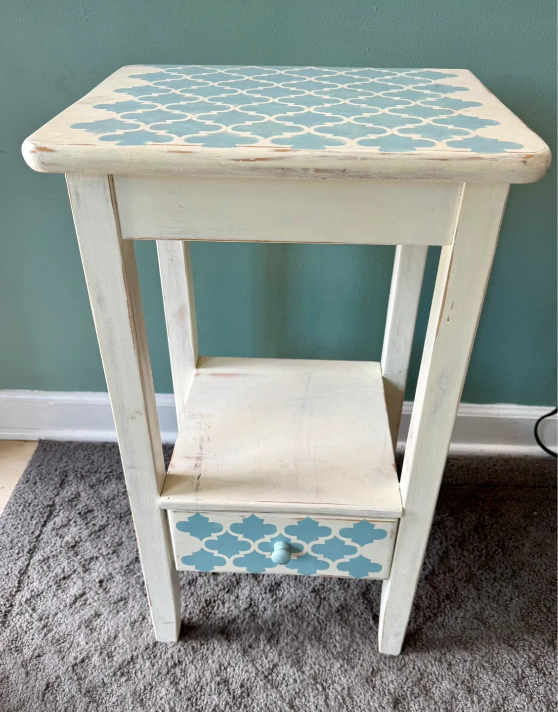 White & Blue Accent Table with Drawer