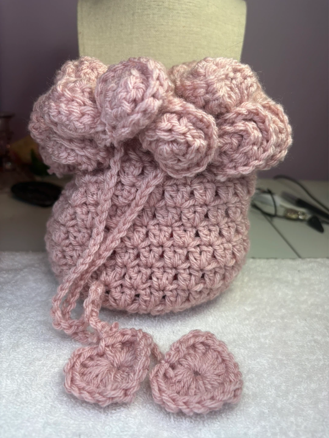 Hand-crocheted Pink Drawstring Pouch Bag