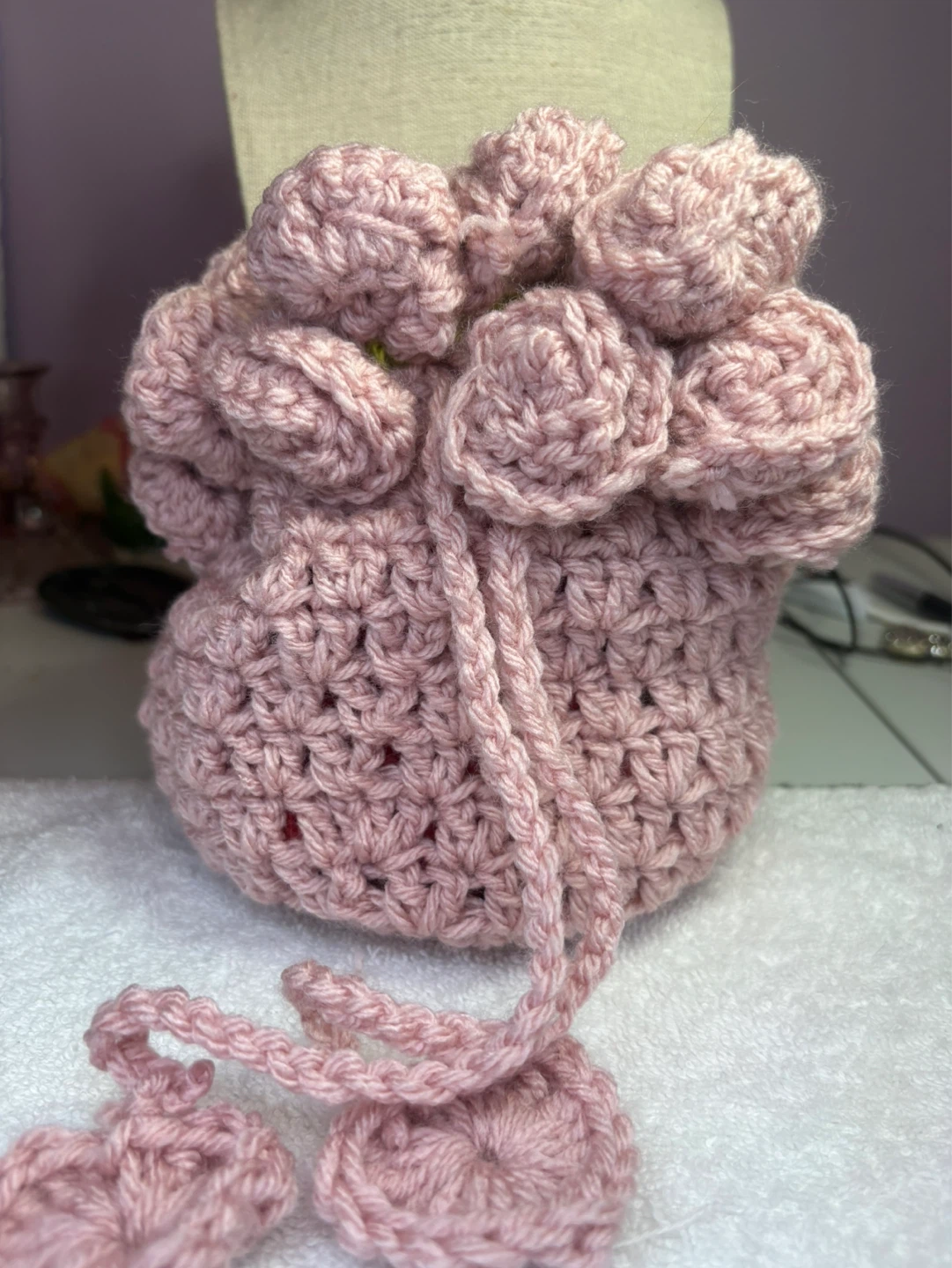 Hand-crocheted Pink Drawstring Pouch Bag - photo 3
