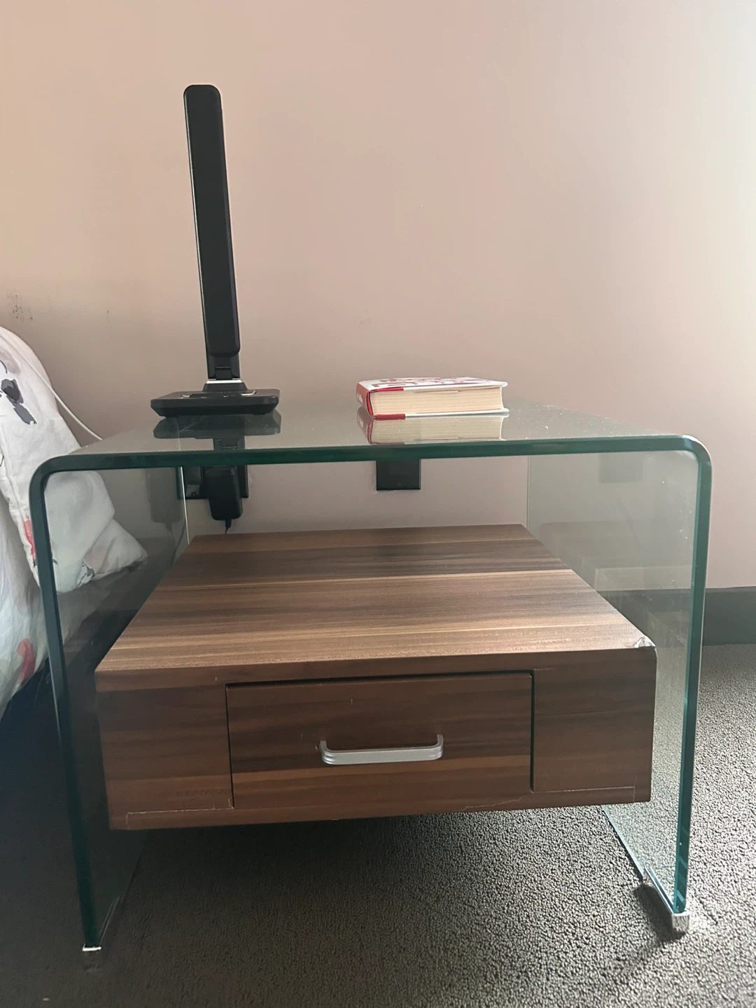 Glass and Wood Nightstand with Drawer