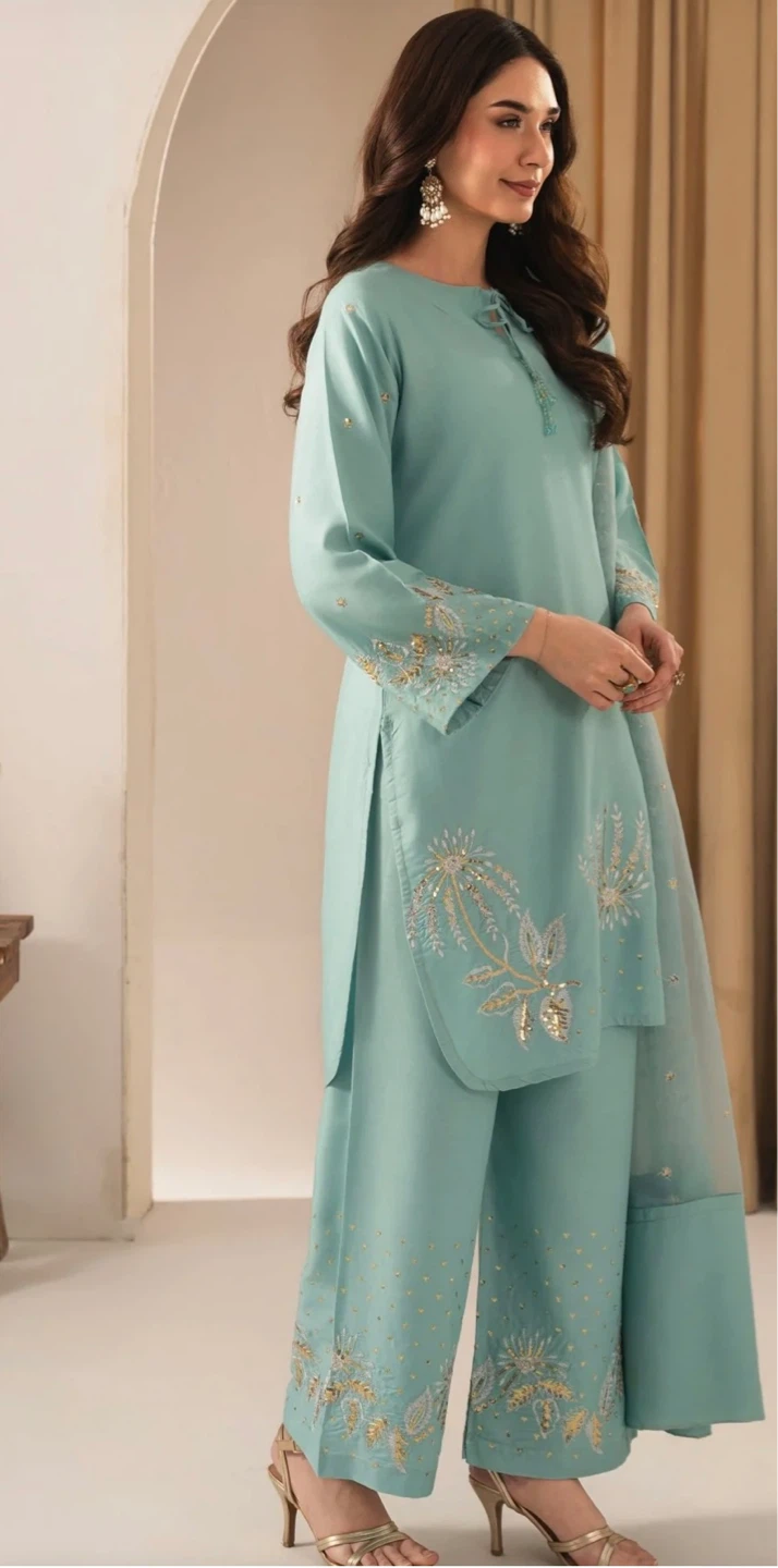 Mint Embroidered 3-Piece Suit with Dupatta - photo 3