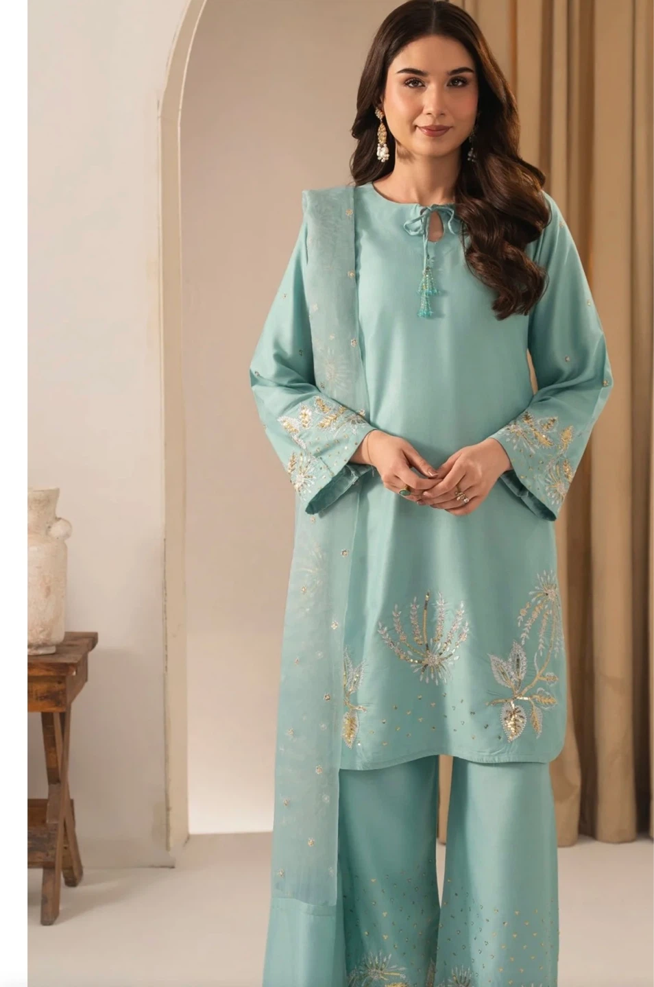 Mint Embroidered 3-Piece Suit with Dupatta
