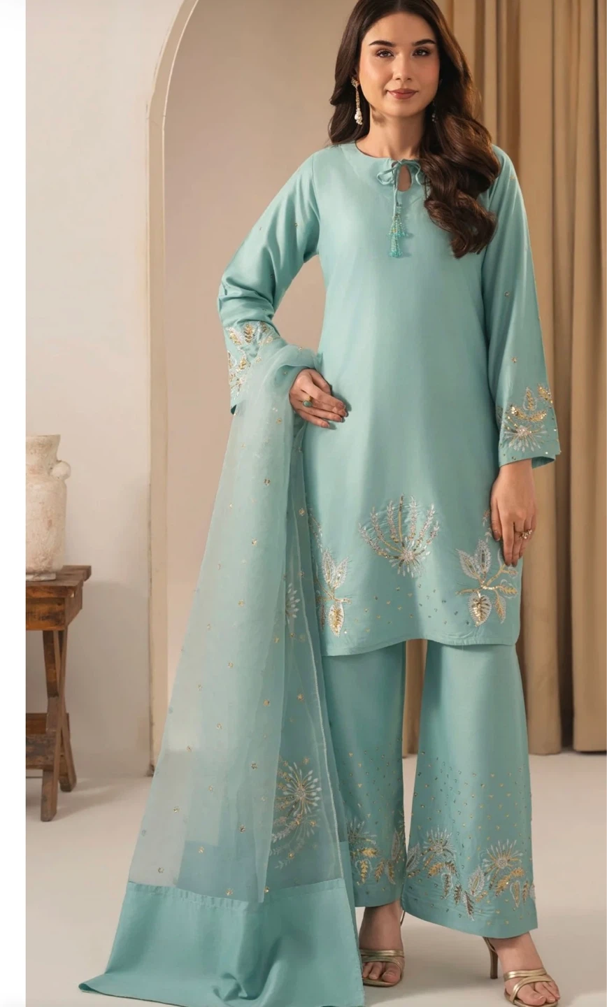 Mint Embroidered 3-Piece Suit with Dupatta - photo 2