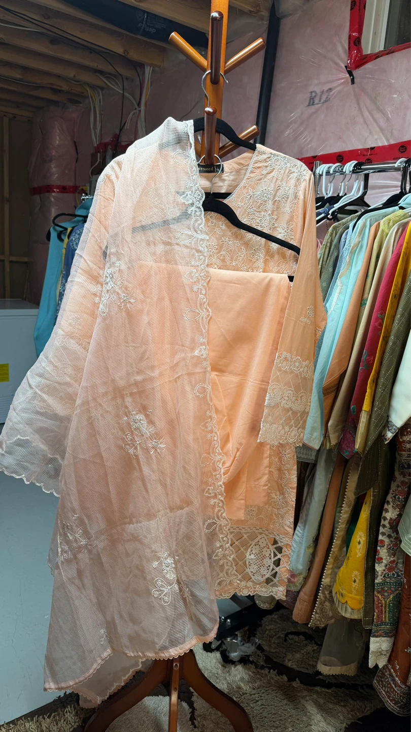 Bin Saeed Brand Peach chikankari Kurti Pant Set with Dupatta