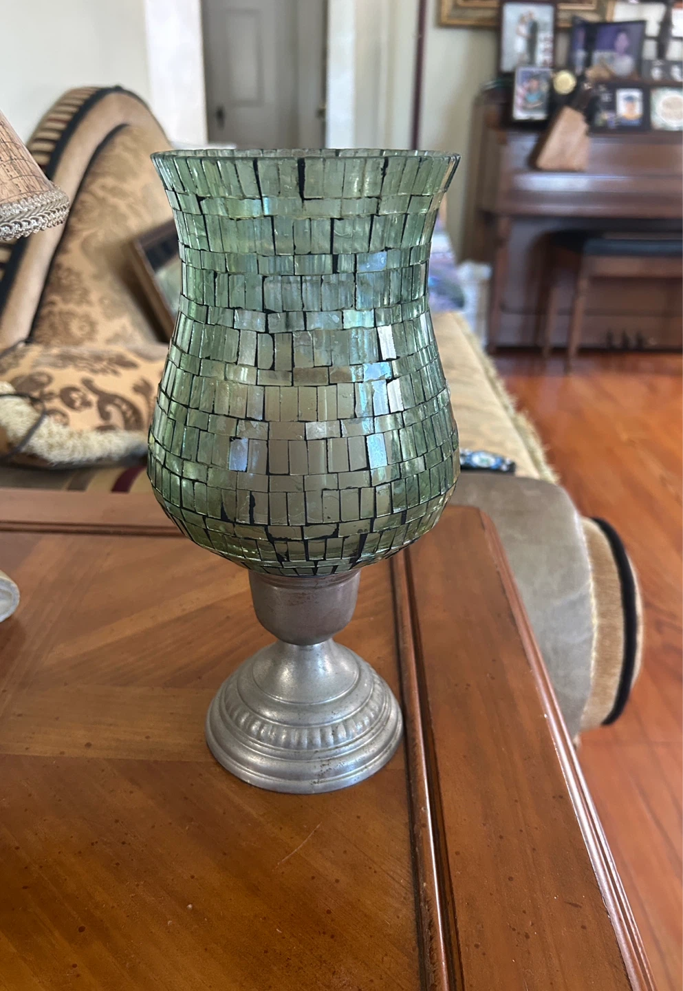 Green Mosaic Glass Hurricane Candle Holder with Map Shade - photo 3
