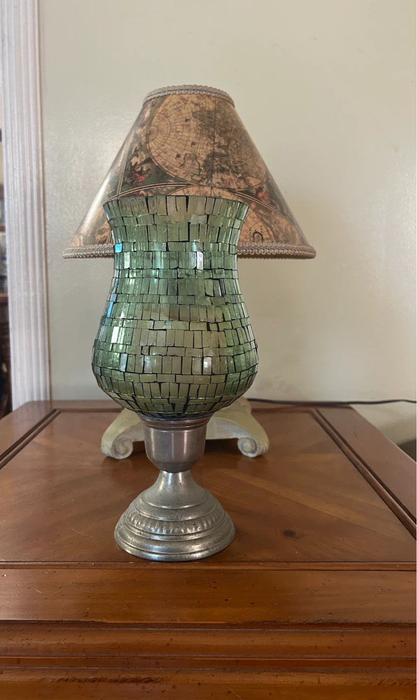 Green Mosaic Glass Hurricane Candle Holder with Map Shade - photo 2