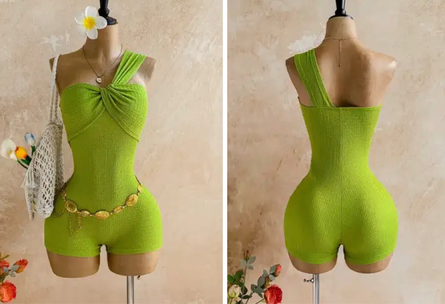 Lime Green One-Shoulder Romper. Size Med