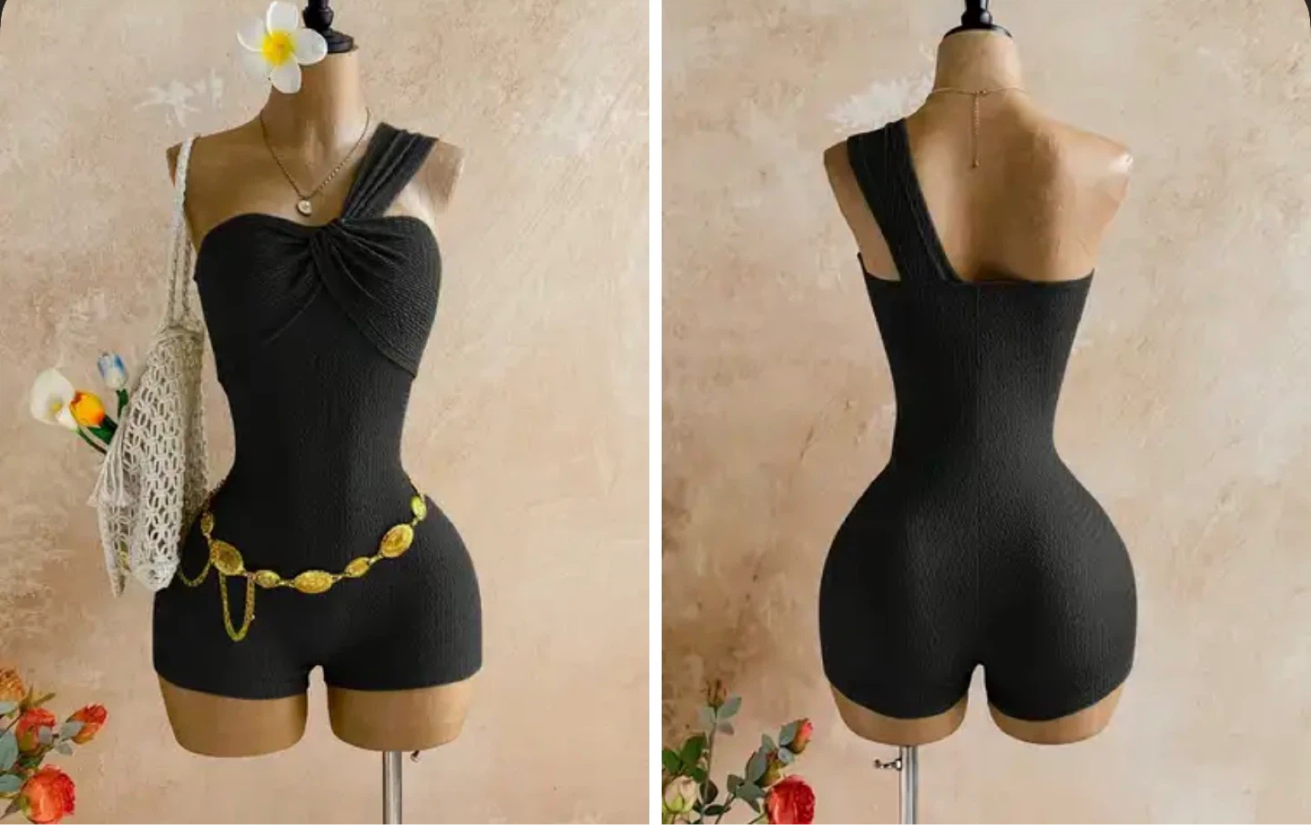 Black One-Shoulder Romper with Twisted Detail. Size XL