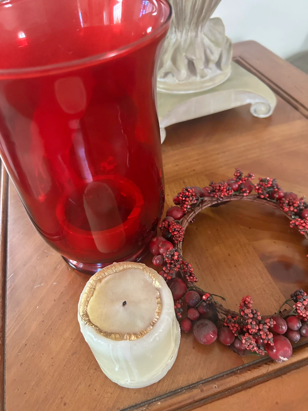 Red Glass Hurricane Candle Holder with Berry Wreath - photo 3