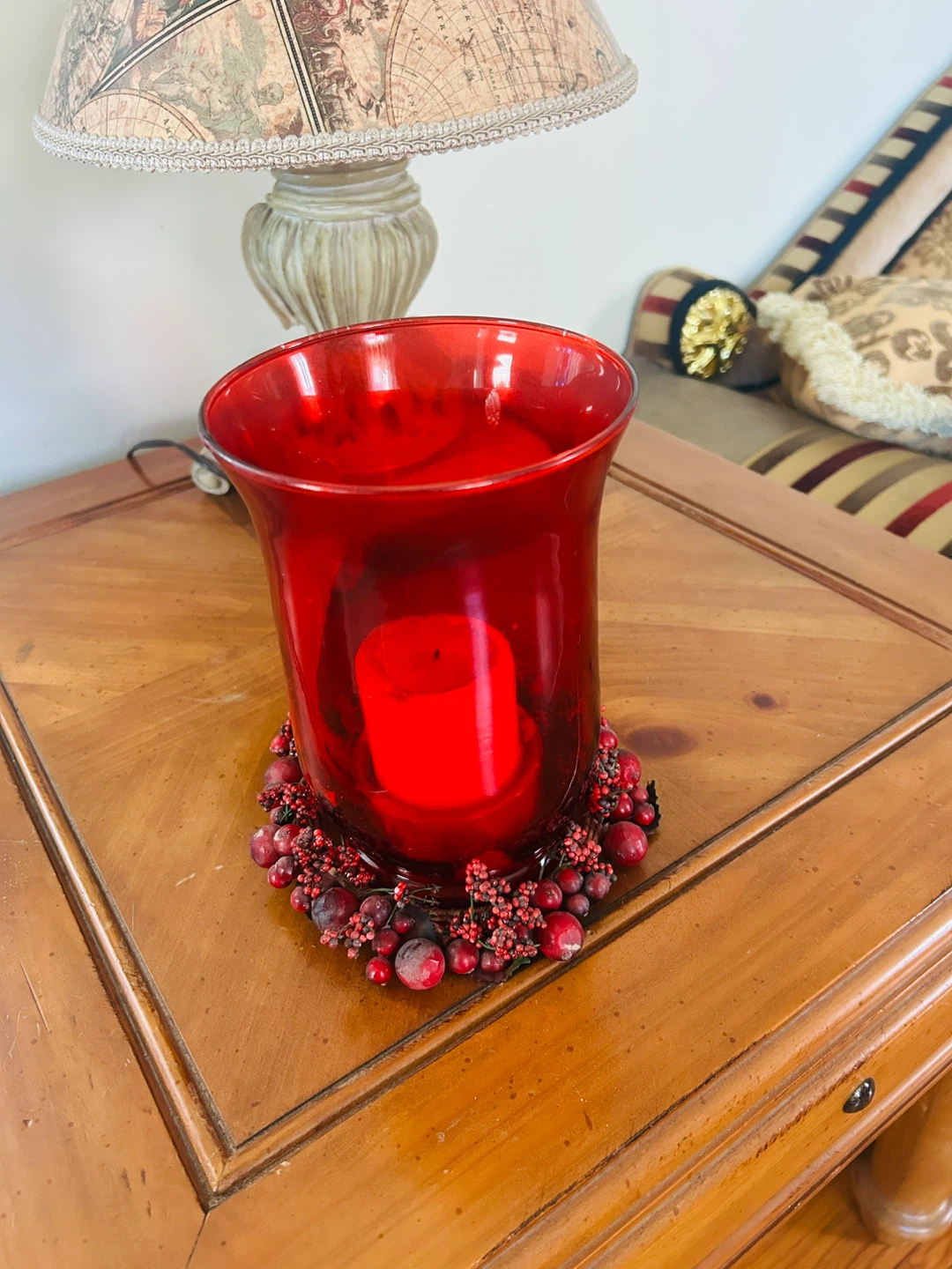 Red Glass Hurricane Candle Holder with Berry Wreath - photo 4