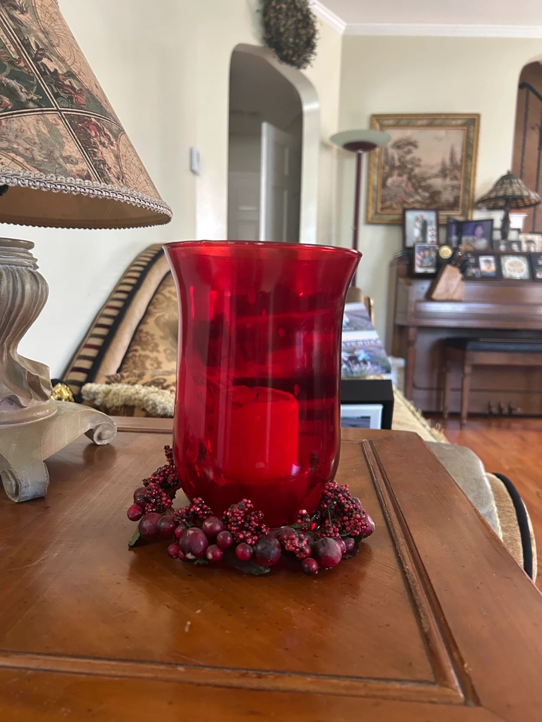 Red Glass Hurricane Candle Holder with Berry Wreath - photo 2