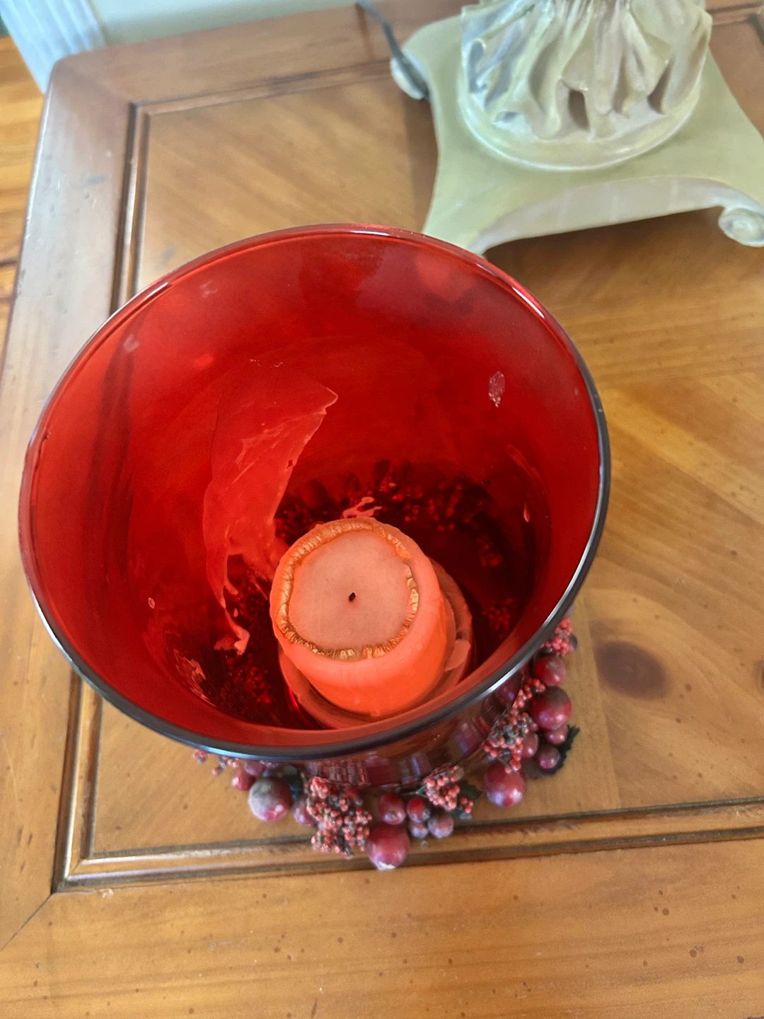 Red Glass Hurricane Candle Holder with Berry Wreath - photo 5