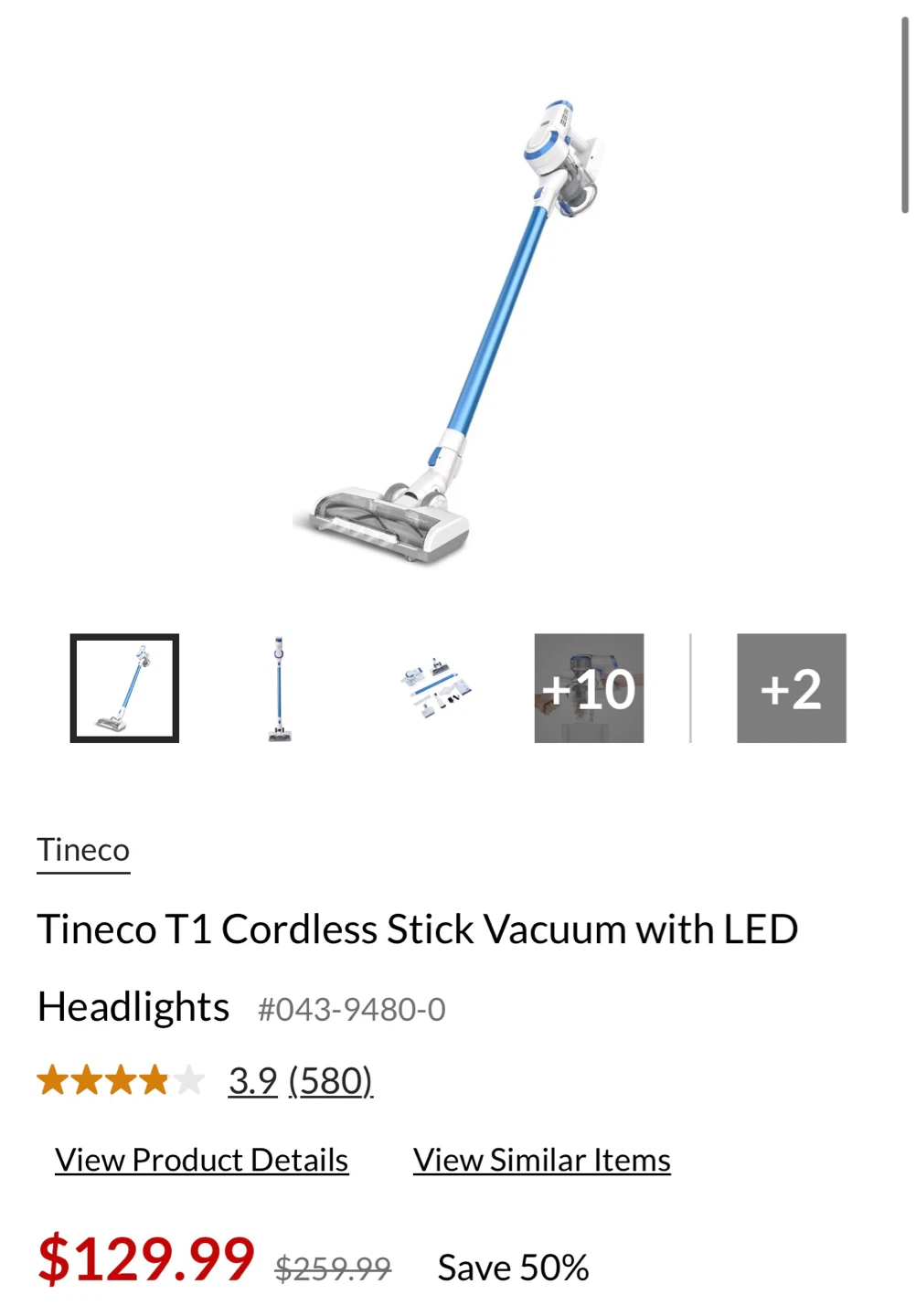 Tineco T1 Cordless Stick Vacuum with LED