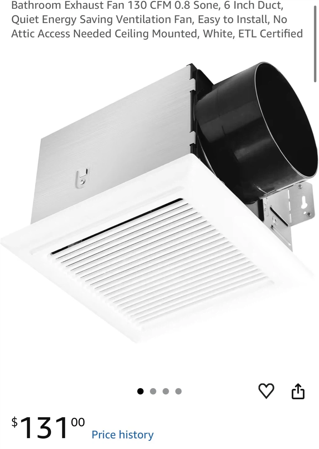Bathroom Exhaust Fan 130 CFM 0.8 Sone 6 Inch Duct White