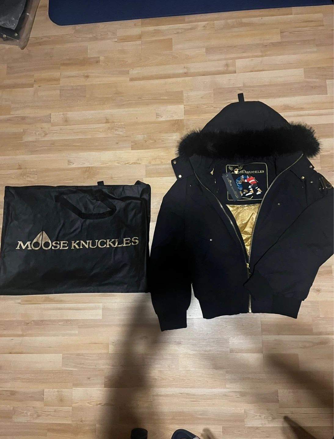 Moose Knuckles Black Bomber Jacket with Fur Hood