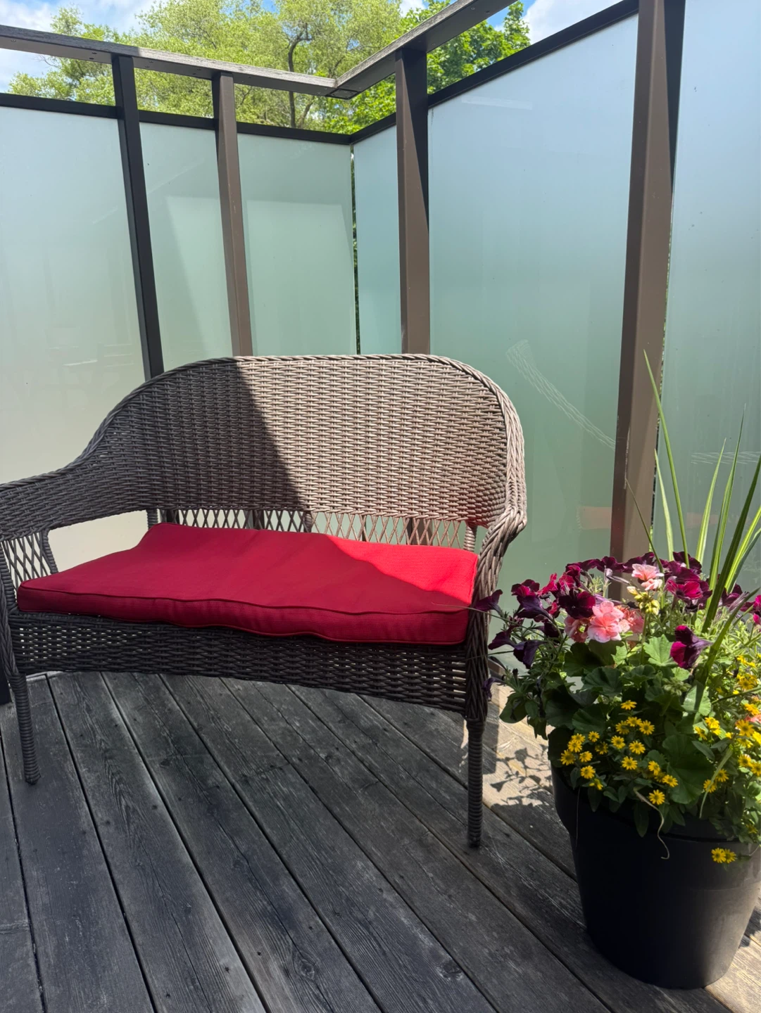 Wicker Loveseat Bench with Red Cushion