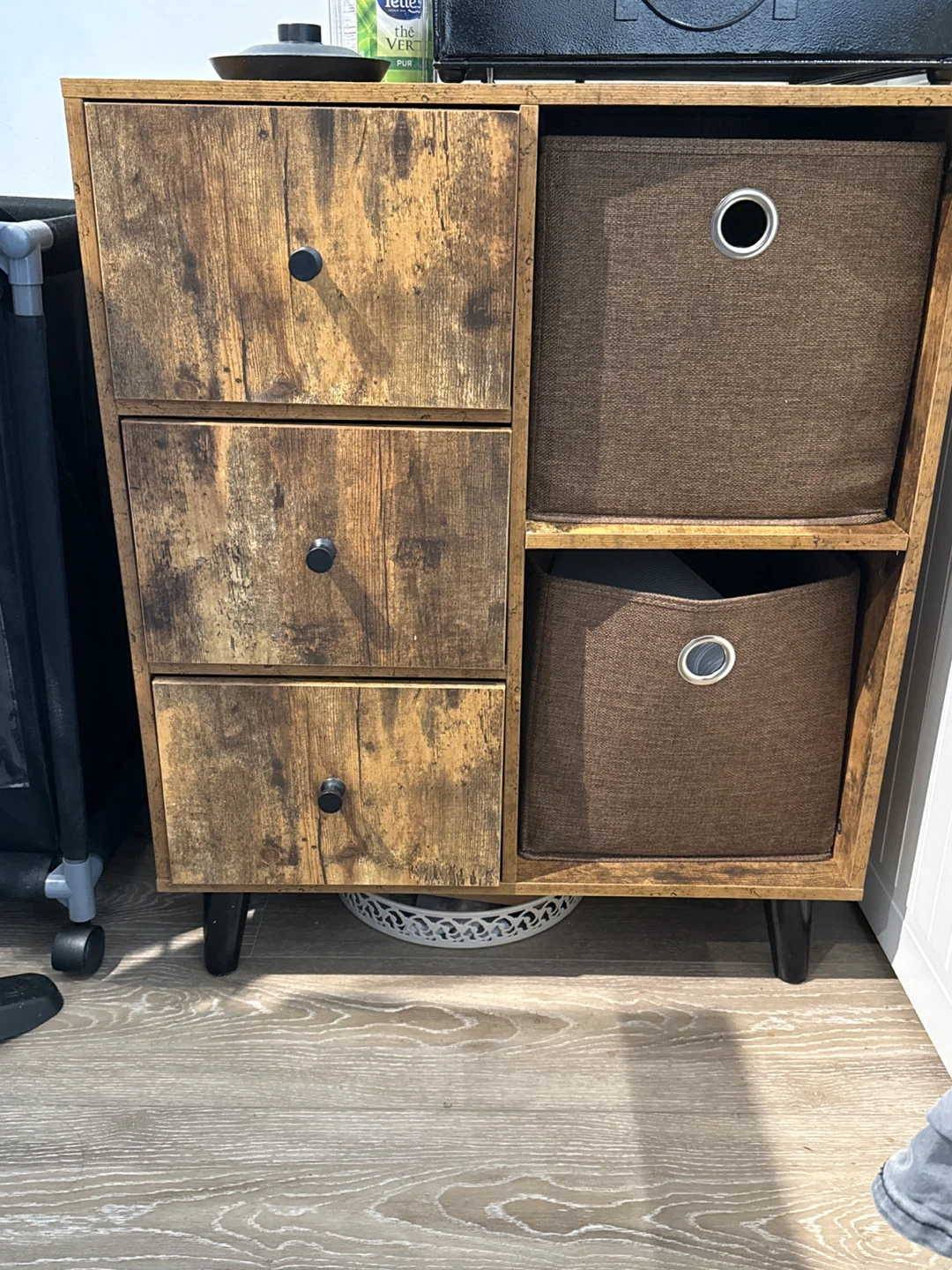 Rustic Wood Chest of Drawers with Fabric Bins