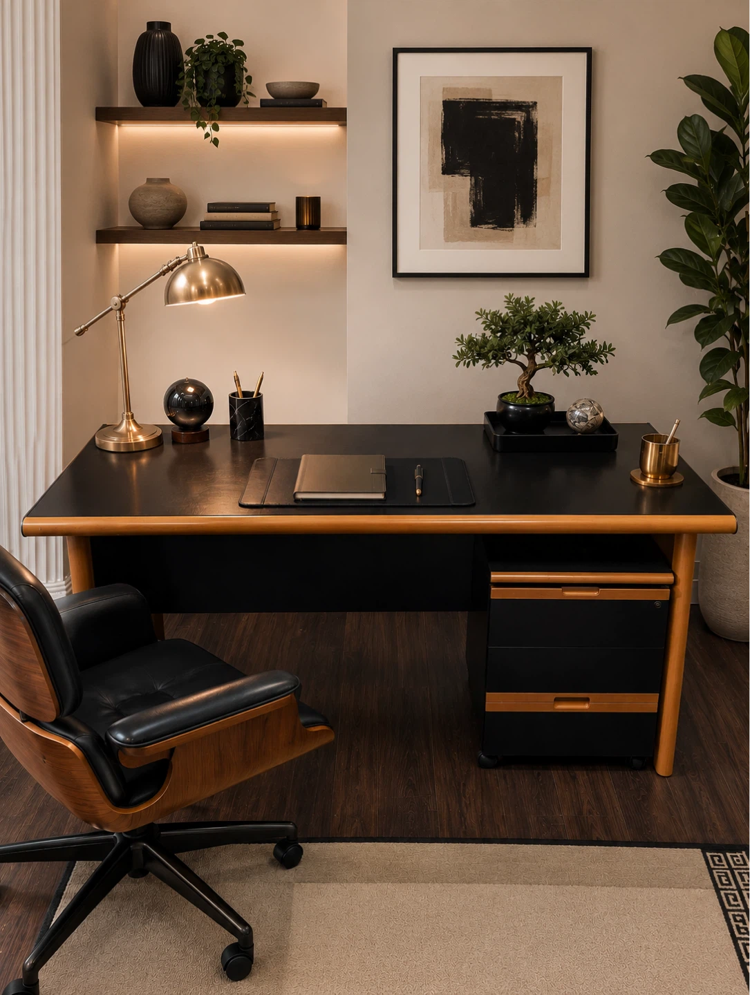 Vintage Black and Wood Executive Desk with Mobile Cabinet