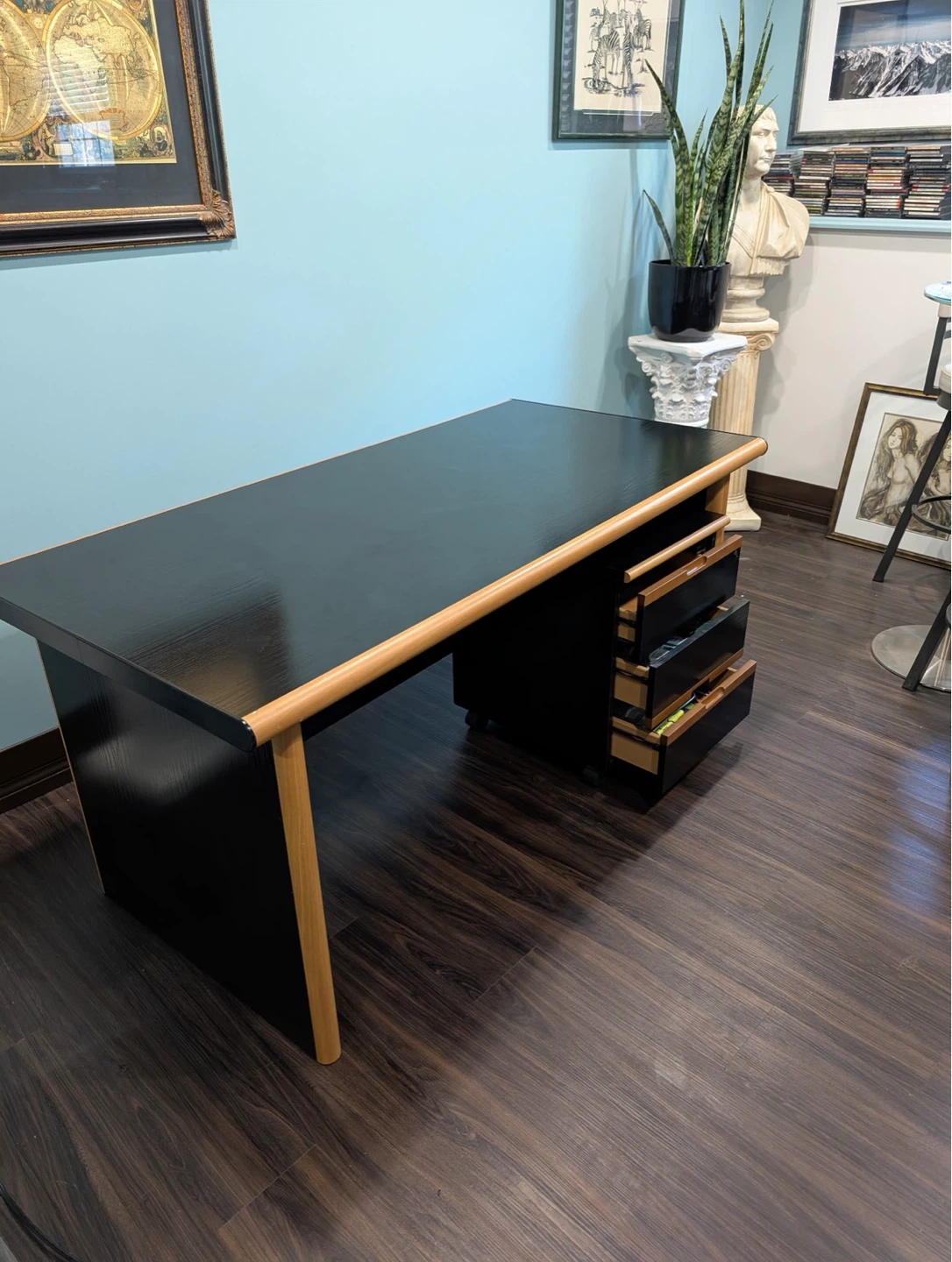Vintage Black and Wood Executive Desk with Mobile Cabinet - photo 3