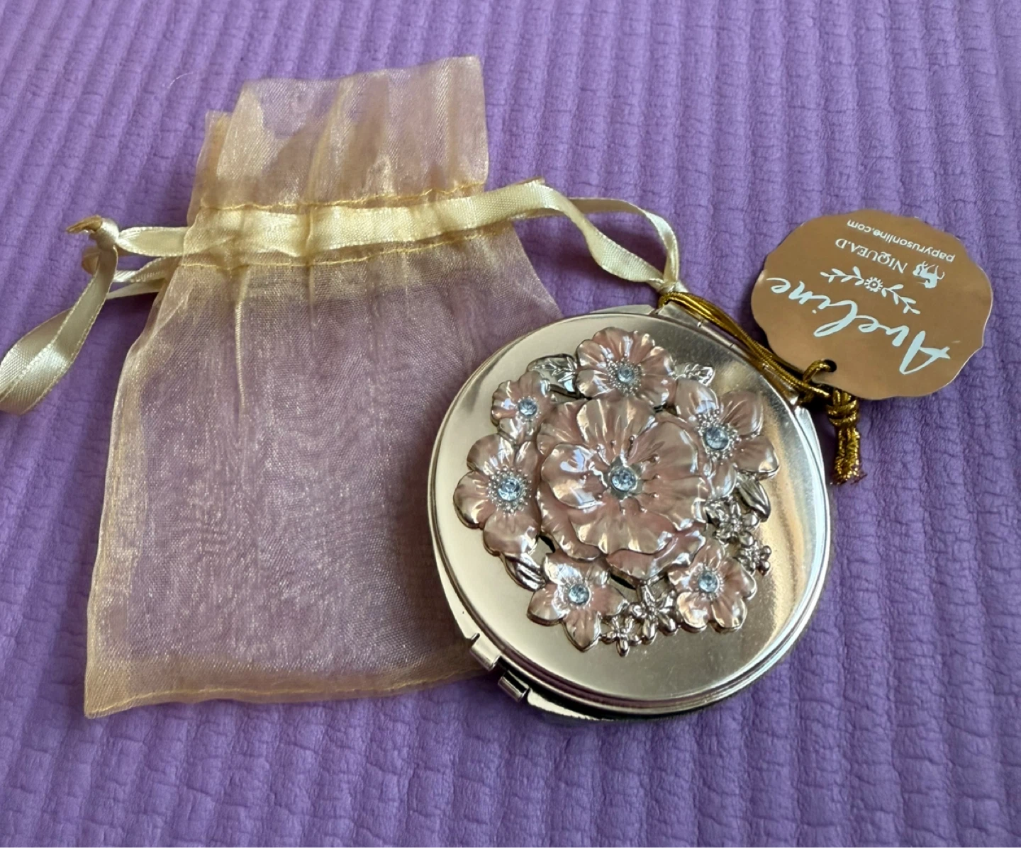 NEW⚽️Aveline Rose Gold Floral Compact Mirror with Pouch - photo 4