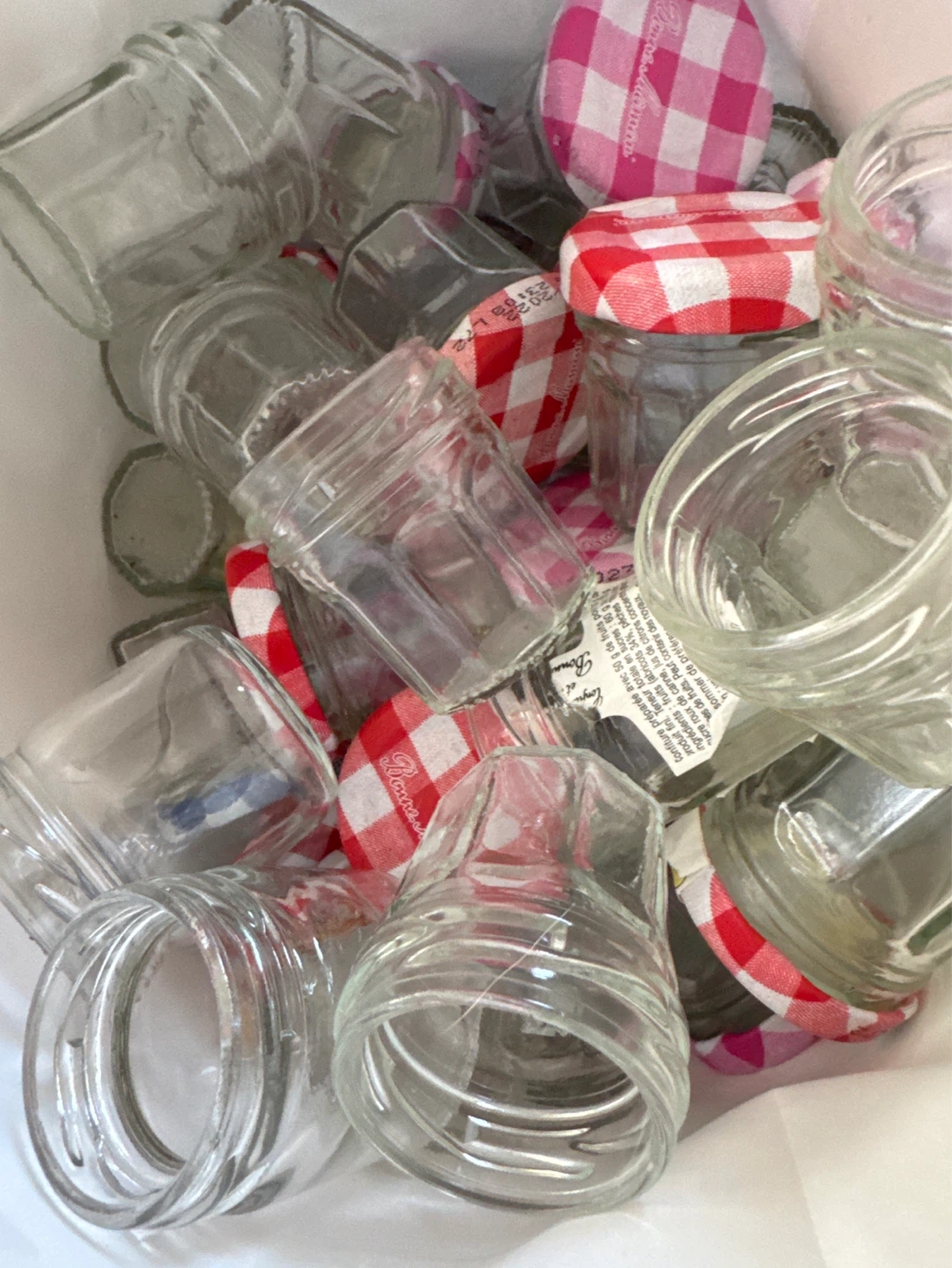 Many Small Glass Jars with Gingham Lids ⚽️