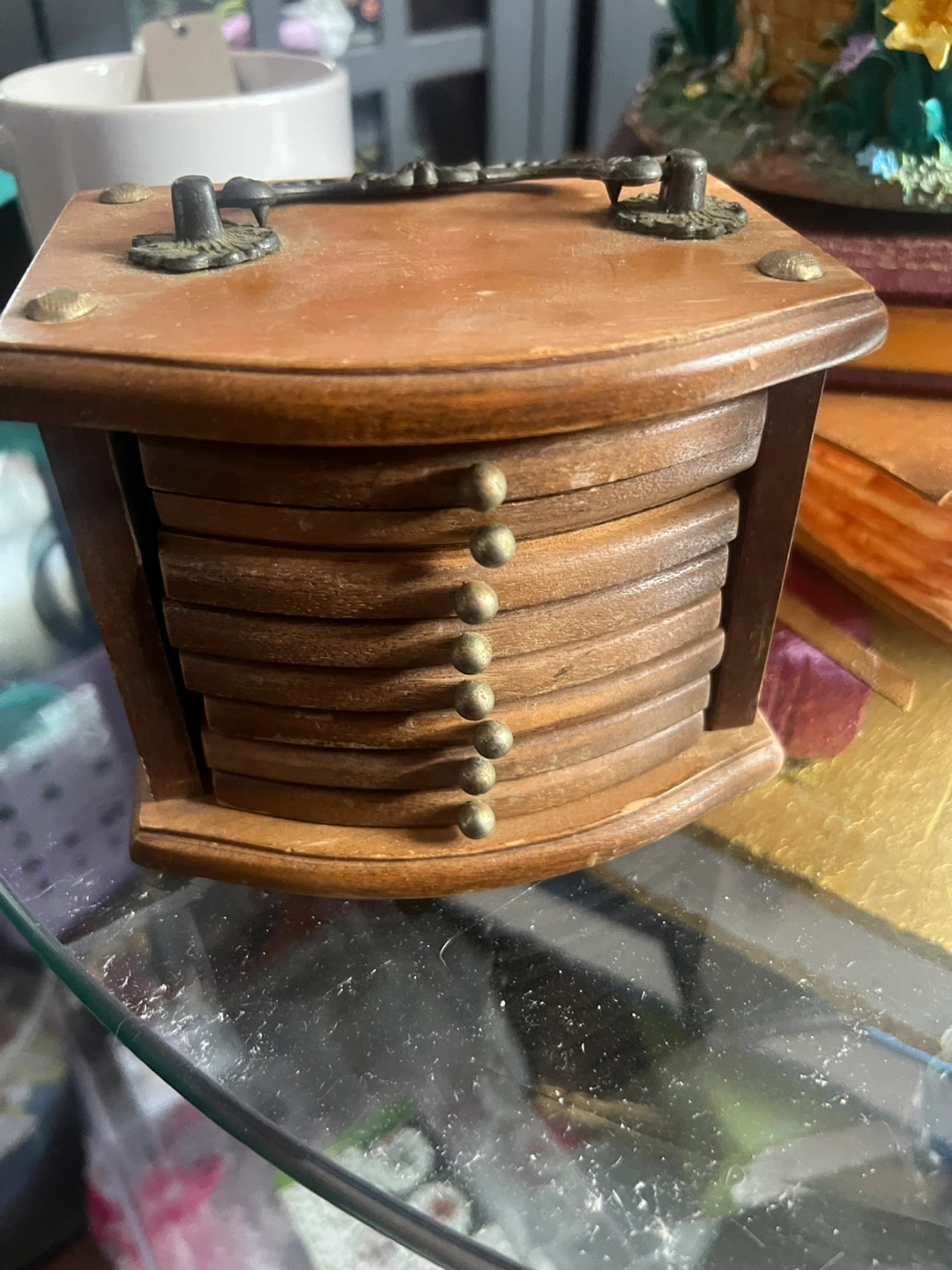 Vintage Wooden Coaster Set with Holder ⚽