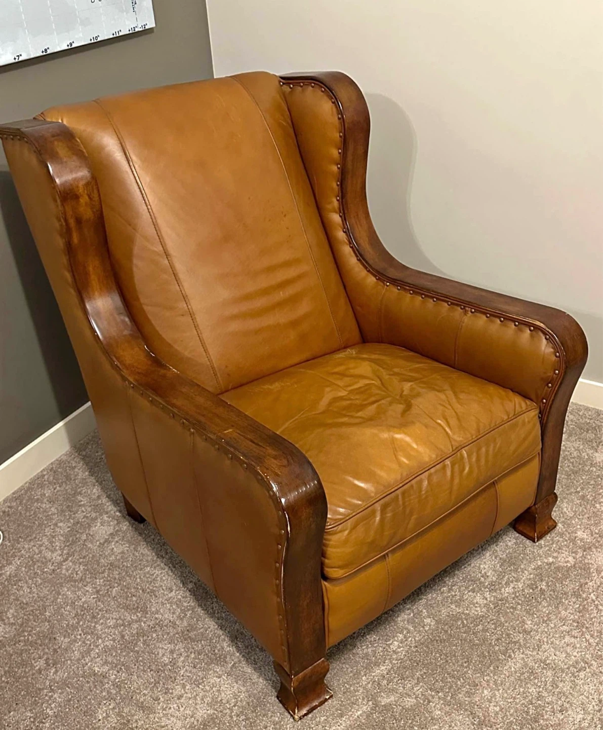 Tan Leather Armchairs 2 with Wooden Accents