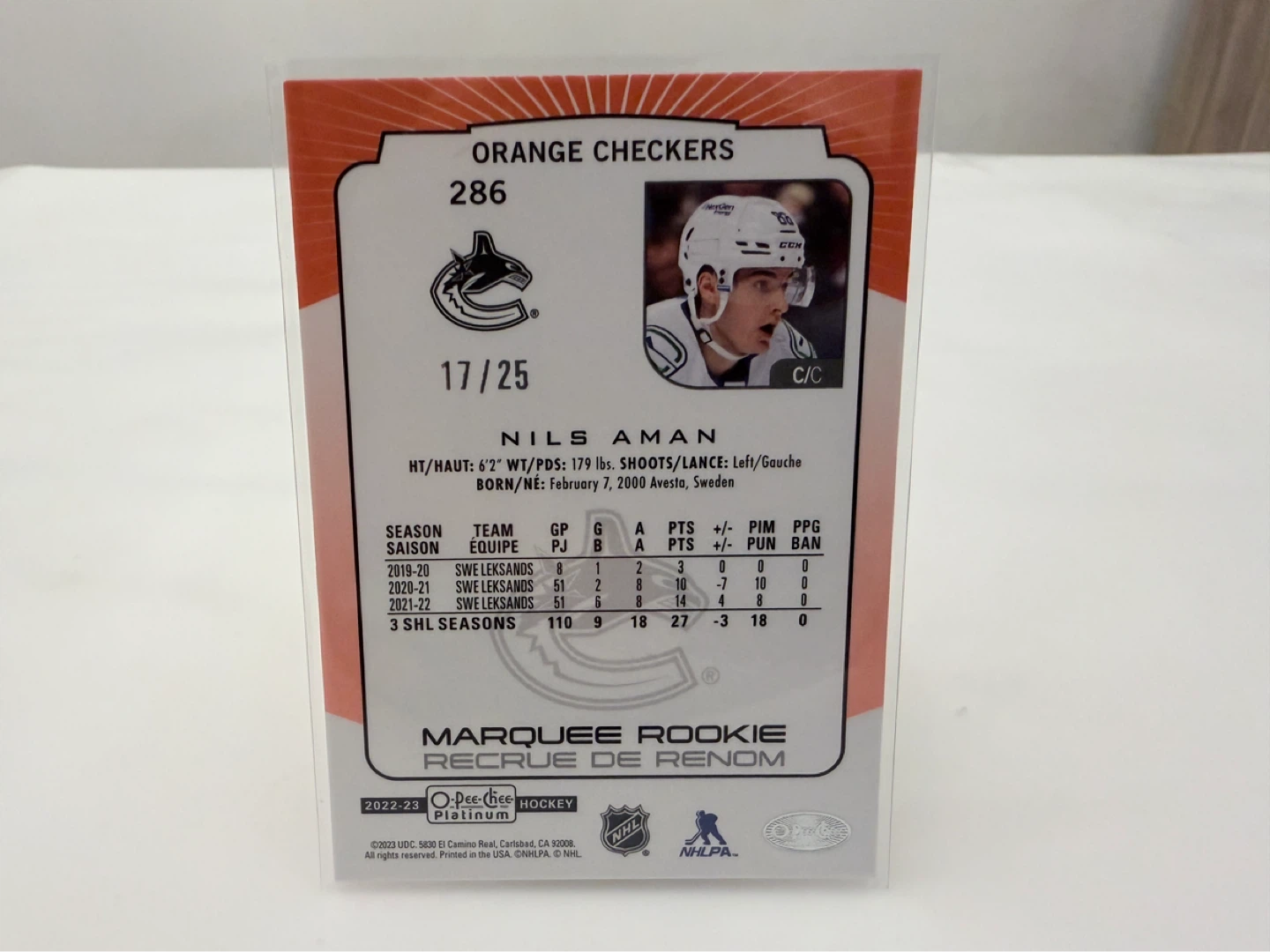 22-23 O-Pee-Chee Rookie Canucks NILS AMAN Orange Checkers /25 - photo 2