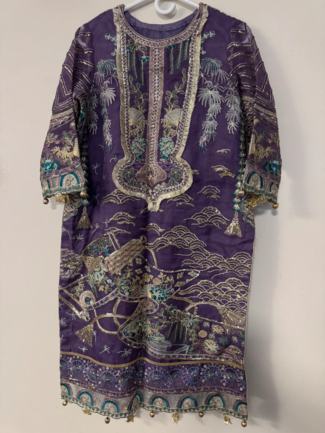 Purple Embroidered Kurti with Dupatta and trouser