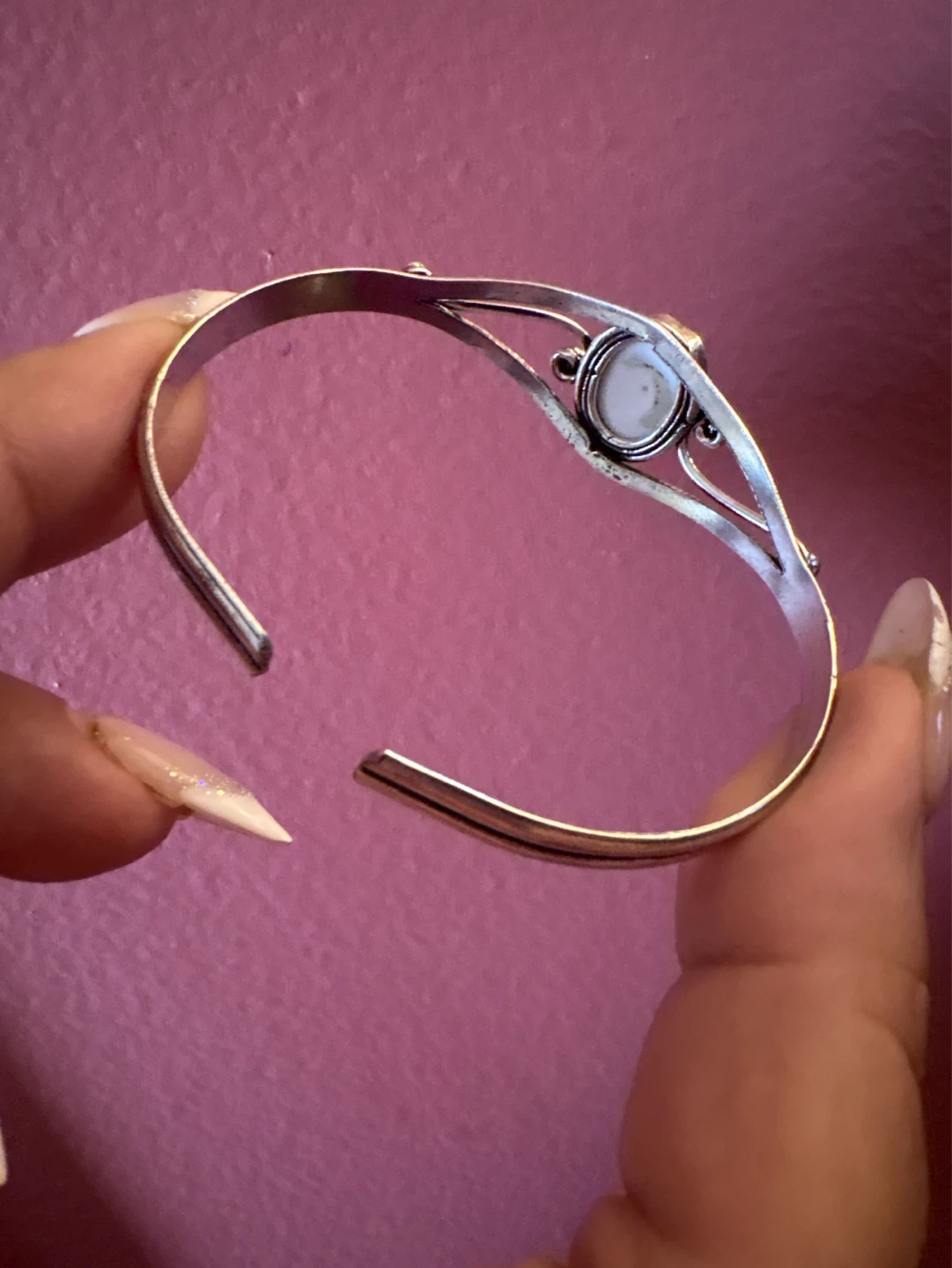 ⚽️ Silver Tone vintage Cuff Bracelet with White Stone - photo 2