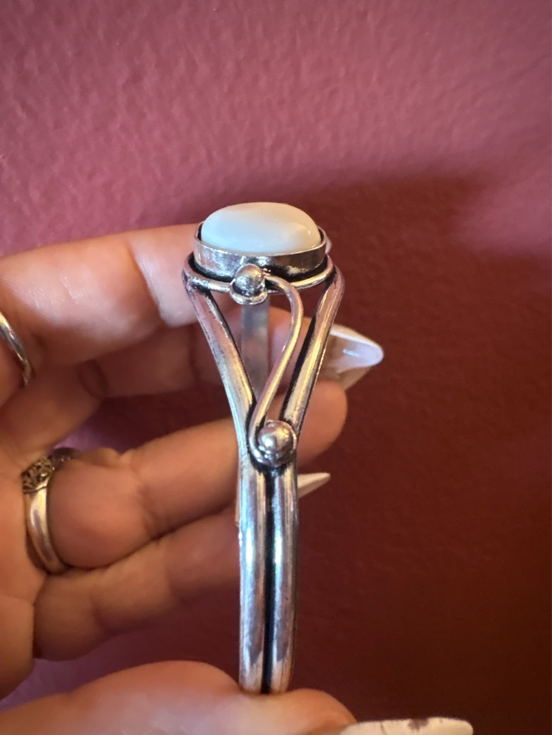 ⚽️ Silver Tone vintage Cuff Bracelet with White Stone - photo 4