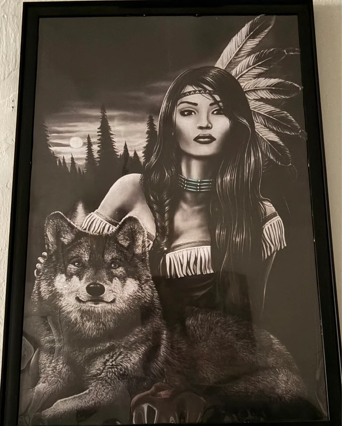 Framed Native American Woman and Wolf Artwork
