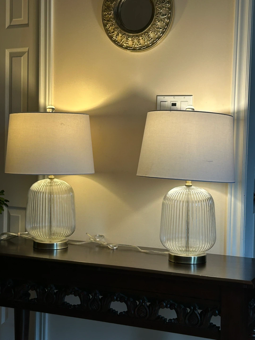 Pair of Clear Ribbed Glass Table Lamps with White Shade