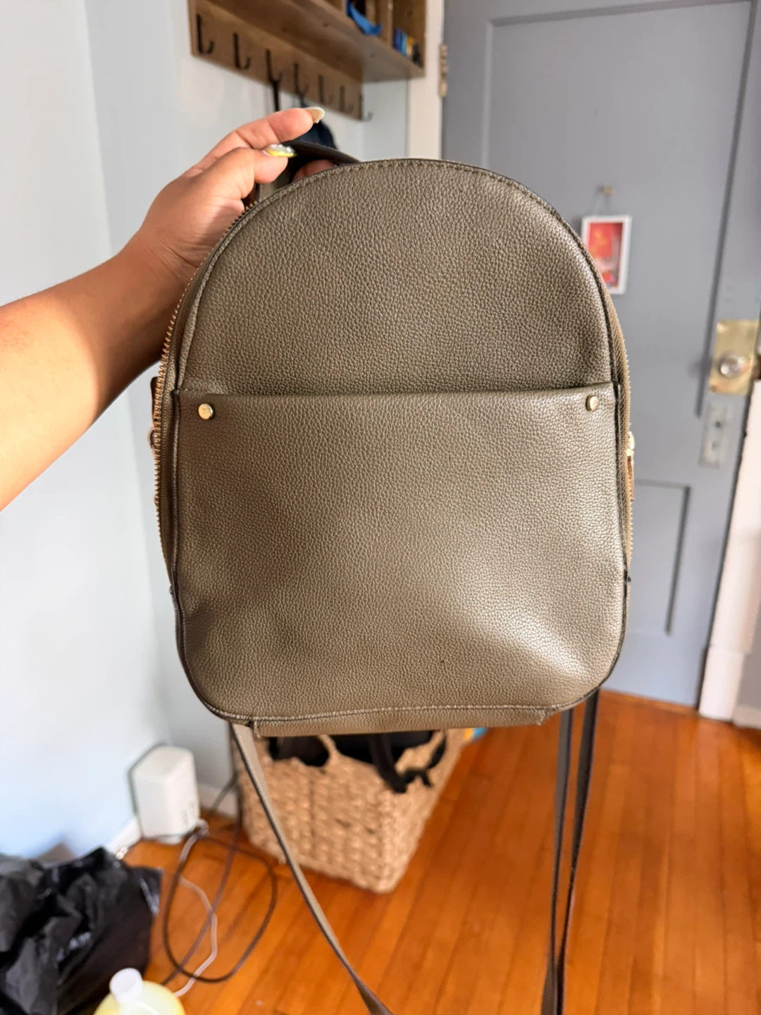Khaki Faux Leather Mini Backpack