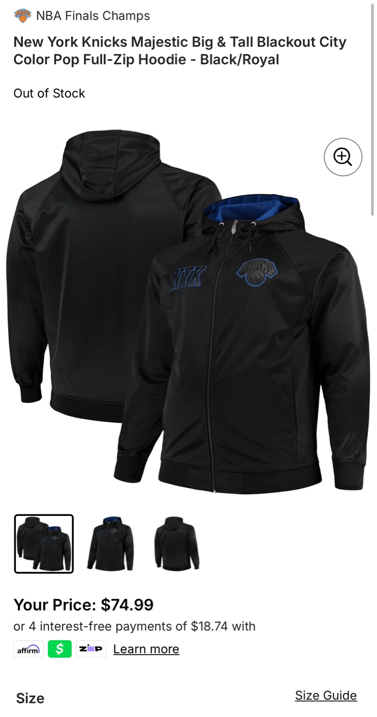 Knicks (new)Majestic Big & Tall zip Hoodie - Black/Royal - photo 4