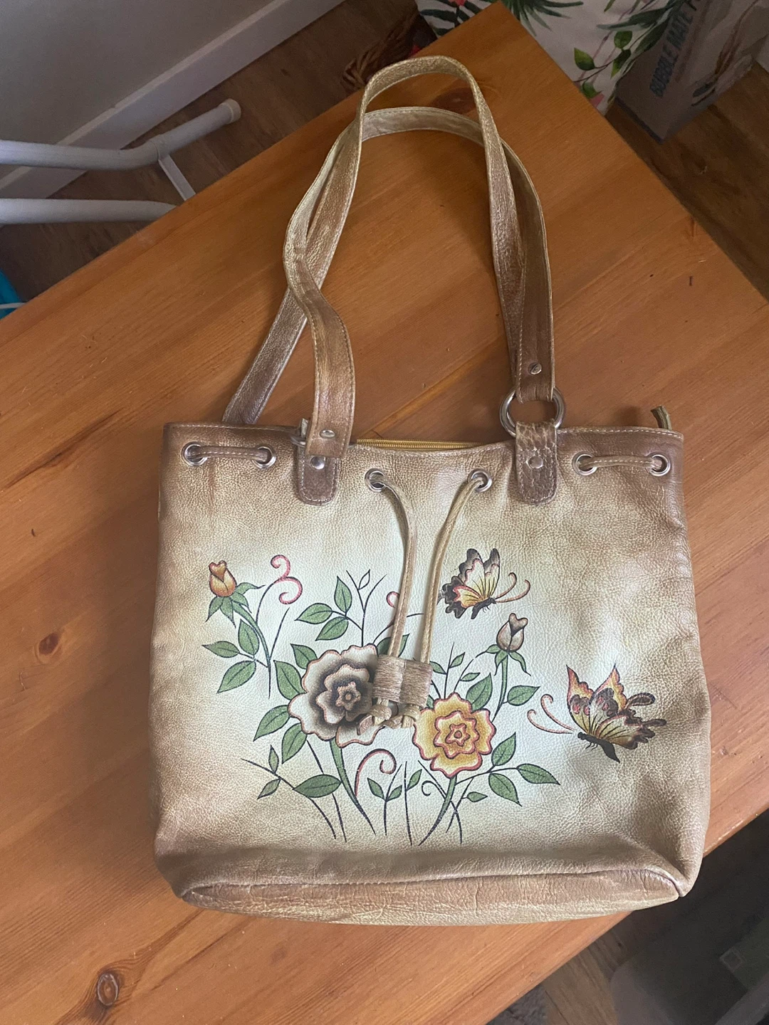 Brown Leather Tote Bag with Floral Butterfly Design