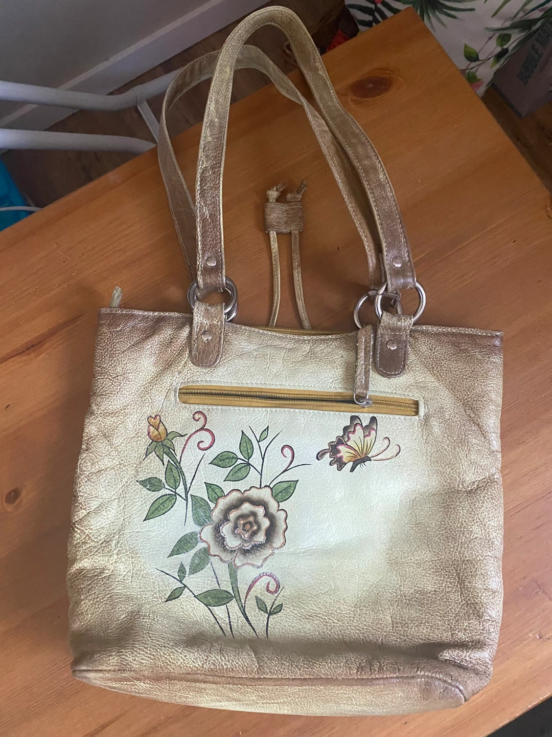 Brown Leather Tote Bag with Floral Butterfly Design - photo 2