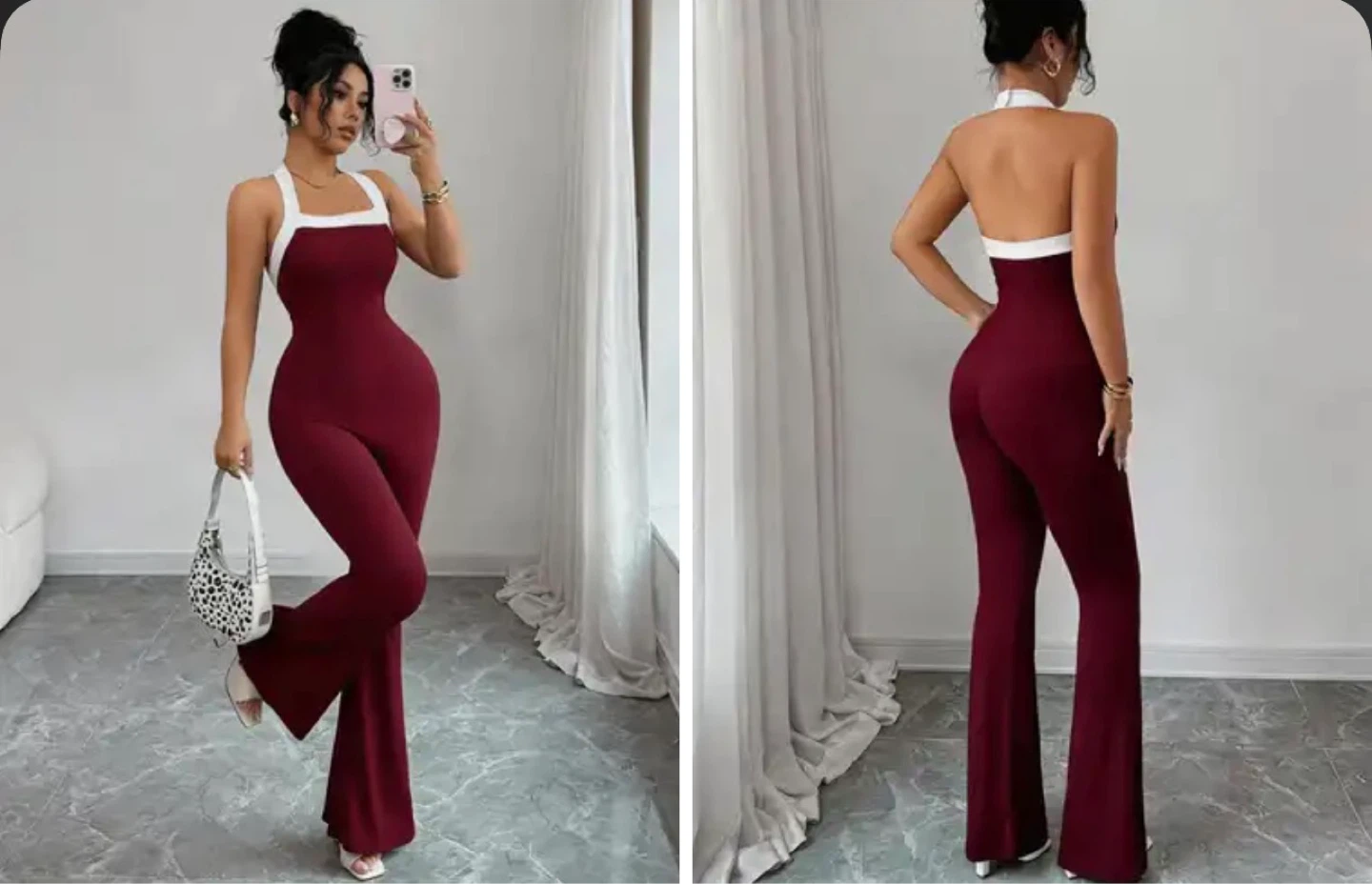Maroon Flare Leg Jumpsuit with White Trim. Size XL