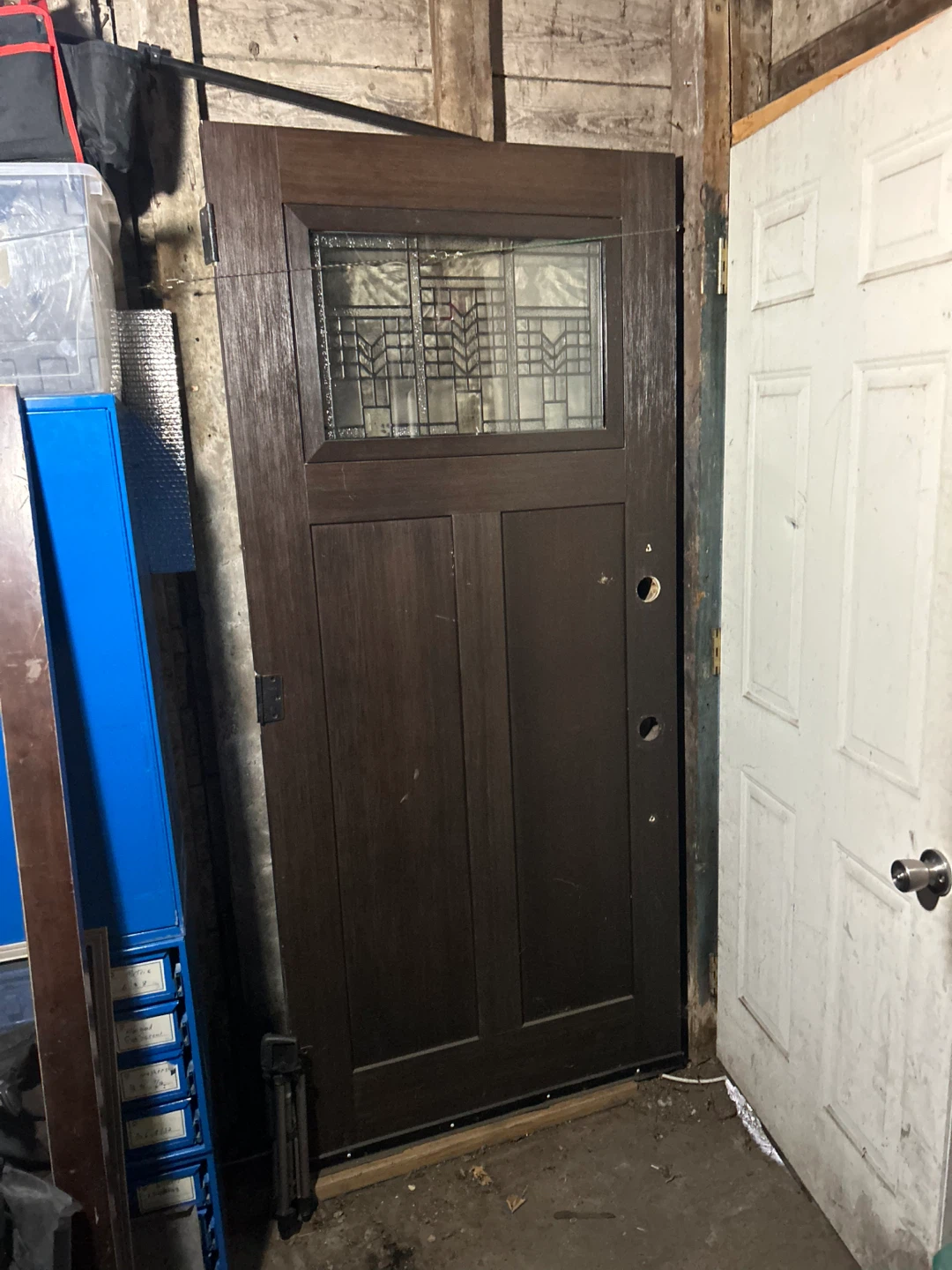 Dark Wood Entry Door with Stained Glass Window