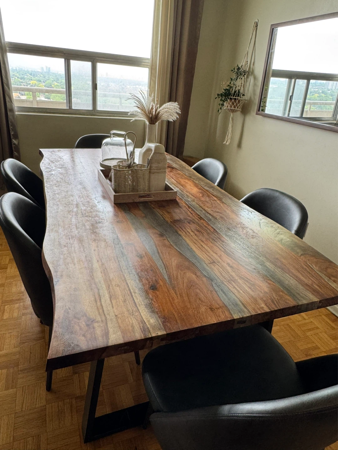 Edge solid wood dining table + 6 upholstered padded chairs