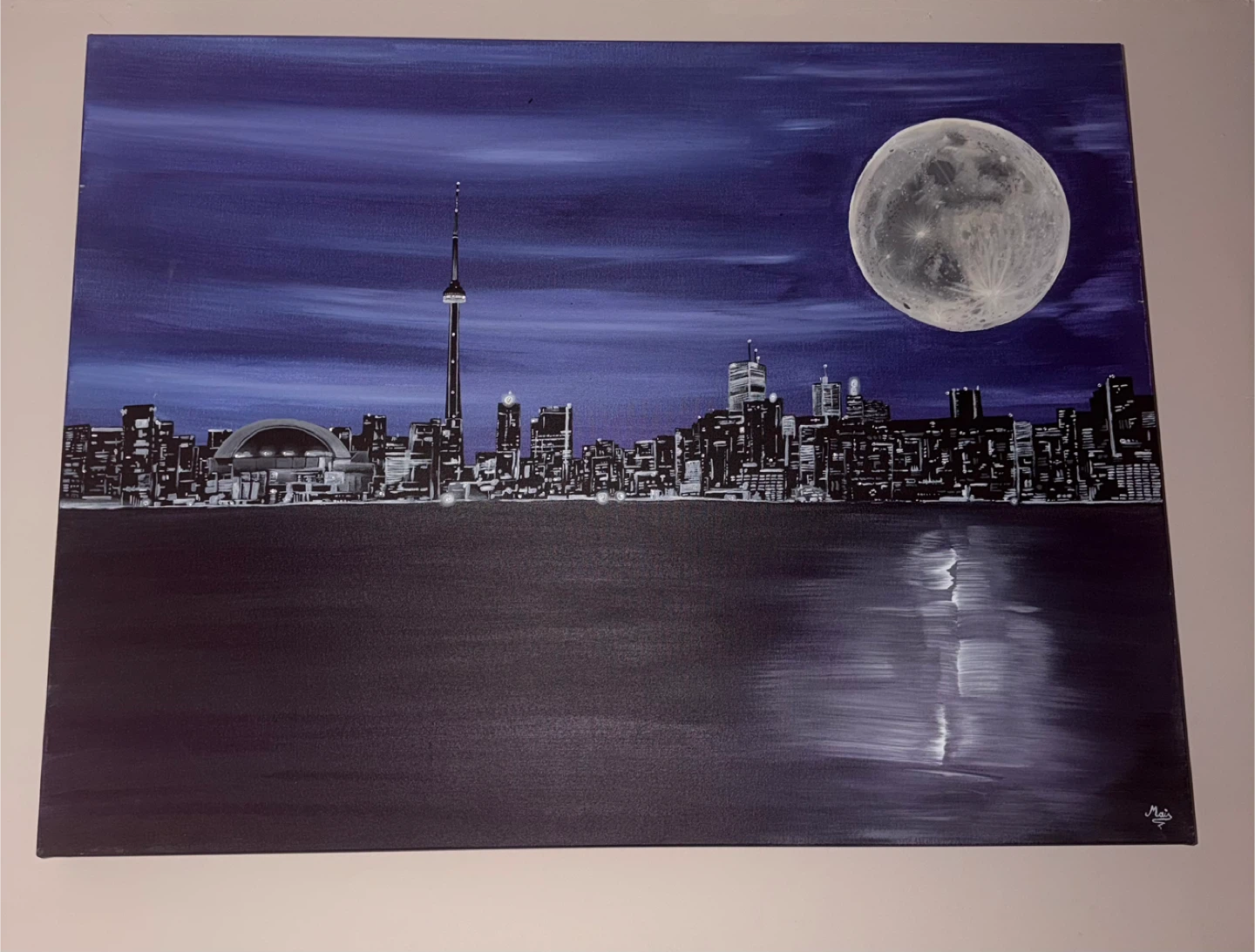 Large Toronto Skyline Moon Painting with Swarovski Crystals