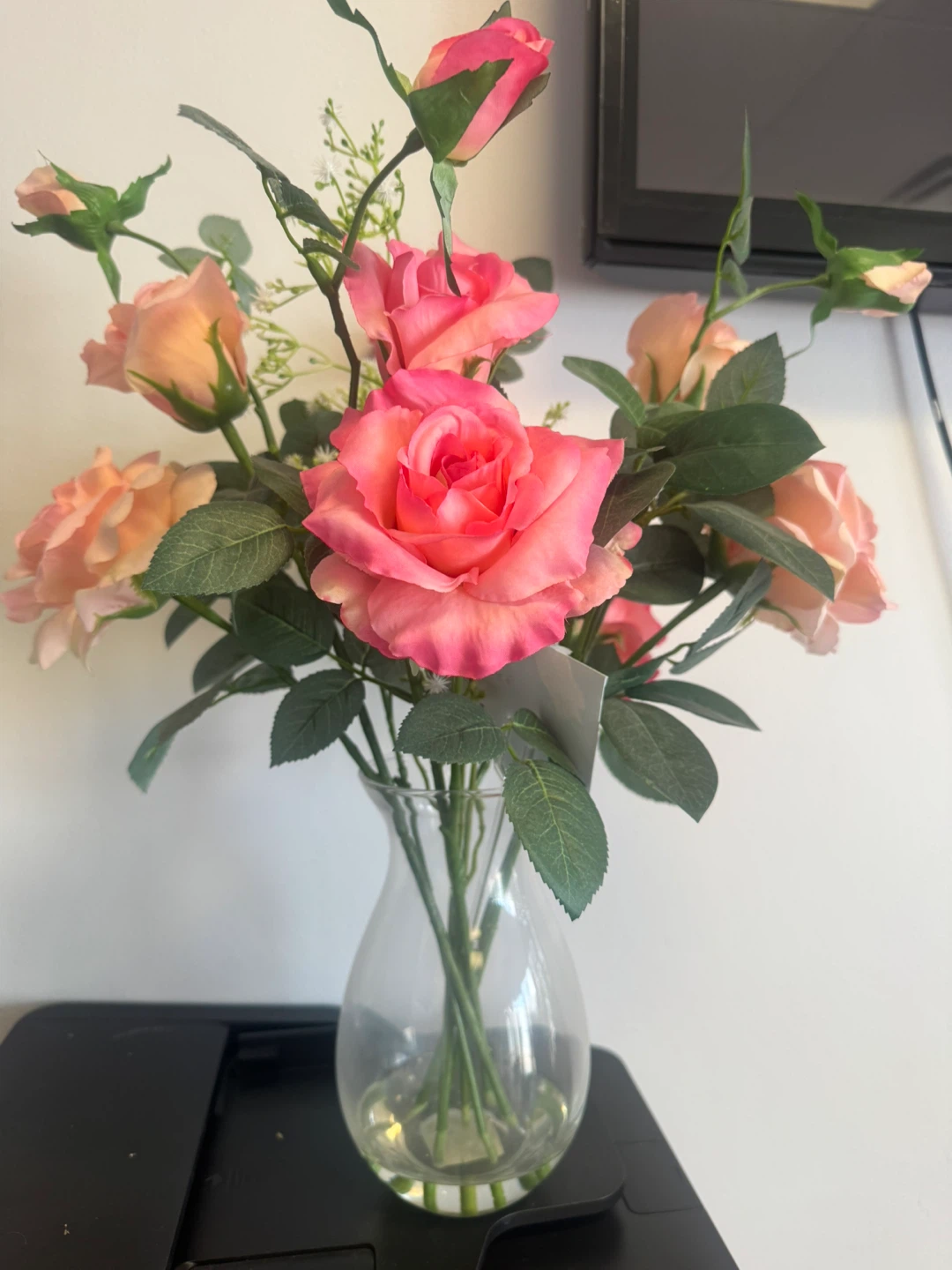 Faux Pink and Peach Roses in Glass Vase