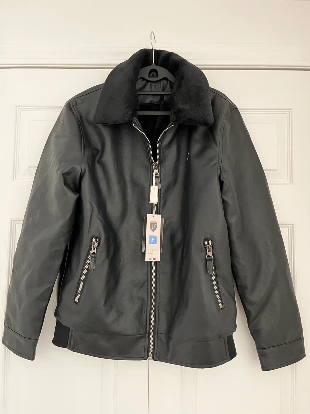 F Collections Faux Leather Bomber Jacket with Fur Collar