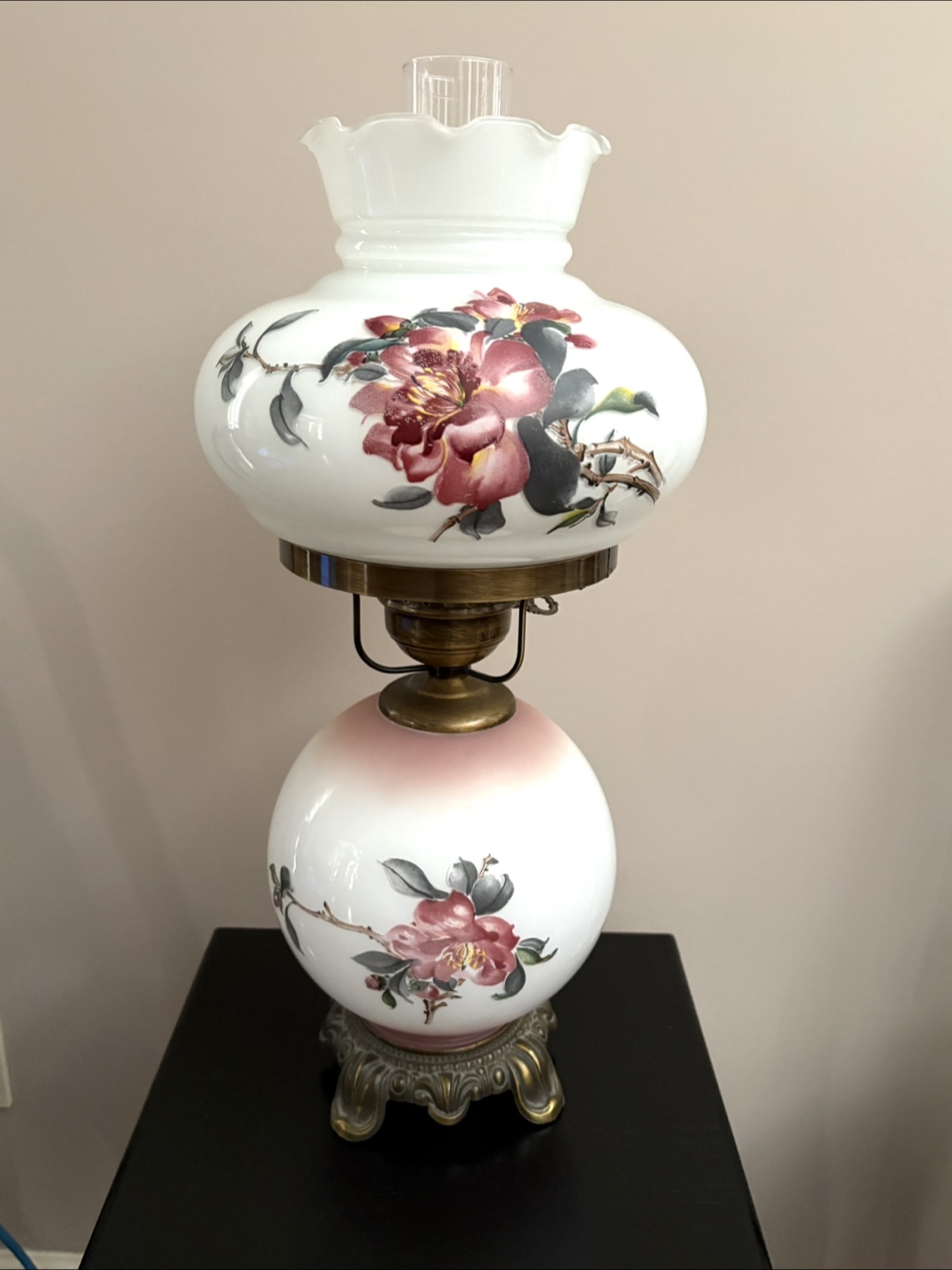 Vintage Floral Milk Glass Hurricane Lamp - Like New