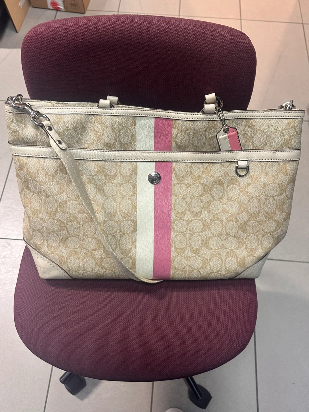 Coach Monogram Tote Bag with Pink and White Stripes